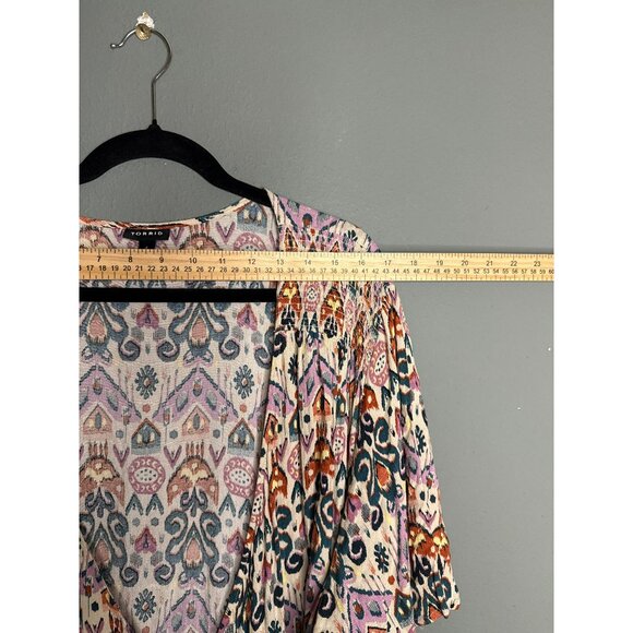 Torrid Womens 4X Tan Purple Printed Short Sleeve Gauze Smocked Surplice Wrap Top - Picture 6 of 11